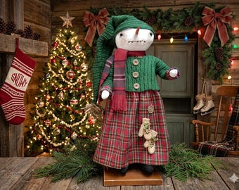 Primitive Standing Snowman Girl Doll: Handmade Art, Winter Decor