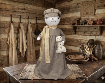 Primitive Standing Girl Snowman Doll: Winter Handmade Art