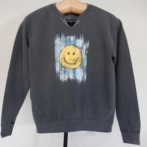 Women&#39;s v neck lightweight dark gray pullover sweatshirts, hand painted smiley face, wearable art, comfort colors