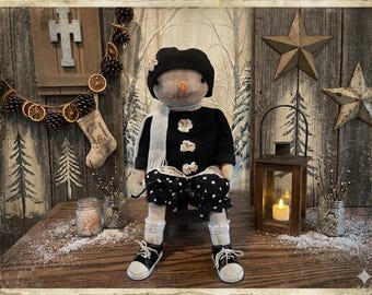Primitive  Snowman Girl Doll: Handmade Art, Winter Decor