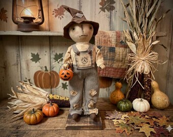 Handmade Primitive Standing Scarecrow Doll:  Autumn Folk art Decor