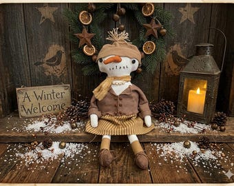 Primitive Snowman girl Doll:  Primitive Decor, Winter, Handmade