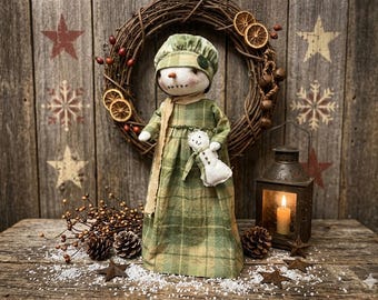 Primitive Standing Snowman Doll: Winter Decor, 26" Tall, Handmade Art