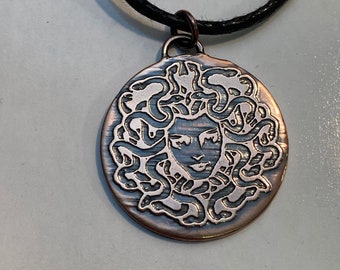 Copper Medusa Etched Pendant Necklace Amulet  - Ready to Ship