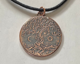 Copper Tree of Life Etched Pendant Necklace Amulet - Ready to Ship