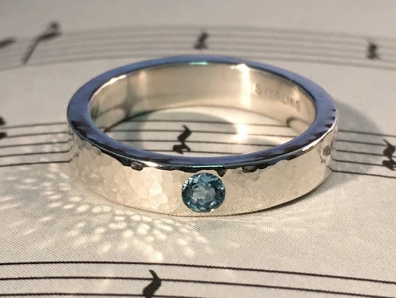Hammered Sterling Silver Birthstone Ring with Flush Set Gemstone - Made to Order