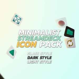 Peut inclure: Une collection d'icônes minimalistes et colorées pour Streamdeck, comprenant un bouton de lecture, un dossier, un bouton de rafraîchissement, un bouton de redimensionnement, un microphone et une icône de liste. Les icônes sont dans un style verre, sombre et clair.