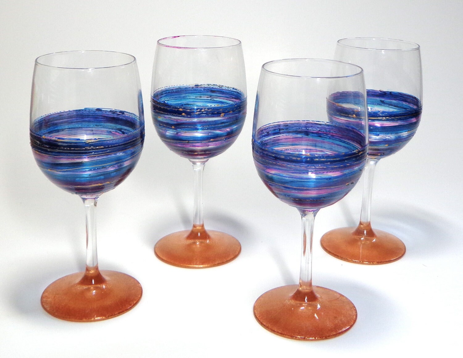 Hand Painted Wine Glasses Purple Blue and Copper Swirl Set Etsy