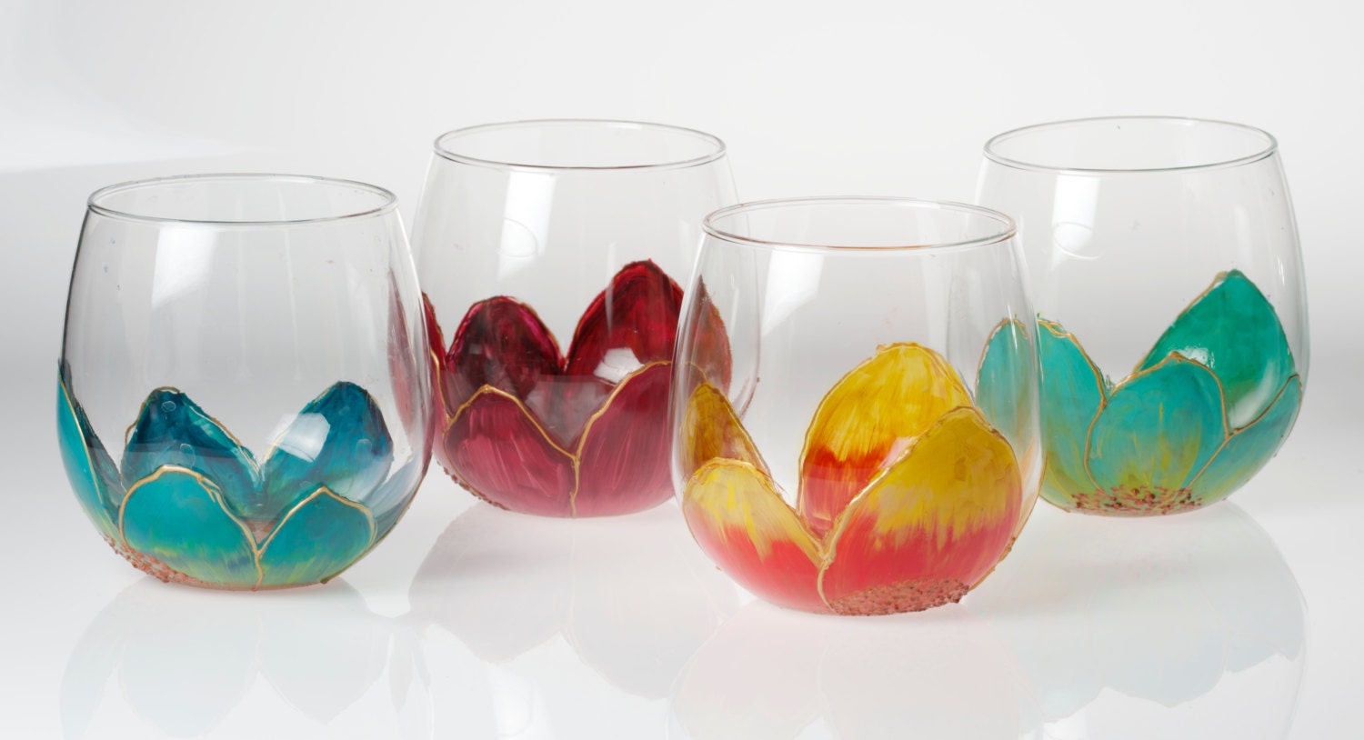 Hand Painted Stemless Wine Glasses Set of Four Floral in Blue Etsy