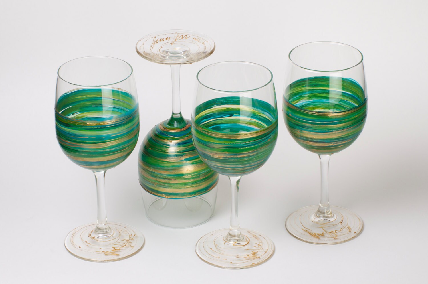 Hand Painted Wine Glasses Green Teal Blue and Copper Etsy