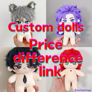 May include: Four custom dolls with different hair colors and styles. The dolls have detailed facial features and are holding a variety of accessories. The text "Custom dolls Price difference link" is overlaid on the image.