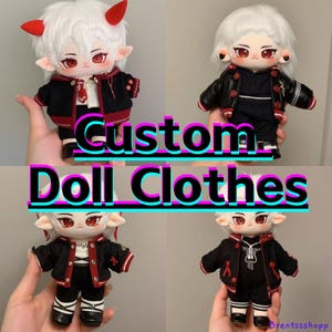 May include: Four custom doll clothes outfits for a small doll. The outfits are black and red with white accents. The dolls are not included in the image. The text "Custom Doll Clothes" is in the center of the image.