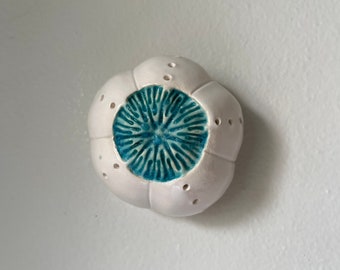 Ceramic Sea Urchin Pod Wall Art Turquoise and White