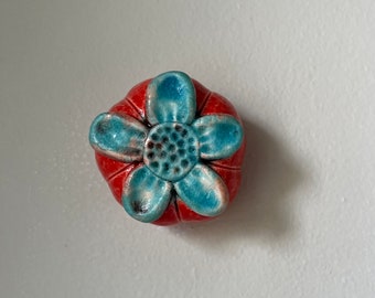 Ceramic Wall Art Matte Blue and Glossy Red Flower Pod 28