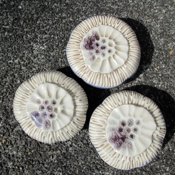 Three Periwinkle Lavender Purple and Cream Ceramic Sea Anemone Bloom Pods with Amethyst Glass Wall Art