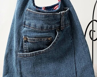 Ladies, Teens Refurbished Denim ho bo bag, pocket inside, fully lined,  handle,  4 pockets ouside,3 inside,Red White Blue Flags inside.,