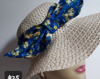 Hat band, Head Band, The Bow, 20 x 2.5 inch, cotton,poly ,washable,Elastic back ladies, teens. Blue floral