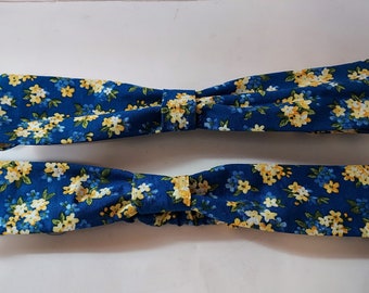 Head Bands  - hat bands, Blue , yellow flowers, cotton, washable, Elastic back.20 x 2 inch approx.,Womans,teens #31b
