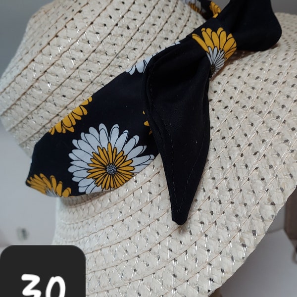 Hat band, Head Band, The Bow, 22 x 2.5 inch, cotton, ,washable,Elastic back ladies, teens. Black with Straw flowers.BONUS:extra yellow bow