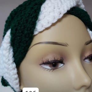 Crocheted Ear Warmer Headband, Hunter Green and White, Acrylic
