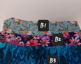 Head Band ,cotton poly printed, 22 to 29 inches Blues, lt green, pinks, purples,elastic band