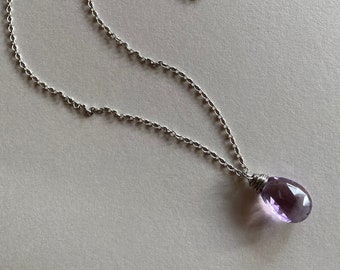 Genuine Faceted Amethyst Gemstone - Wire-wrapped Sterling Silver - February Birthstone Purple Jewelry - Amethyst Teardrop Pendant Necklace