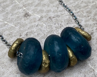 Deep Blue Recycled Glass Rondelle Beads and Nigerian Brass Ring Beads on Oxidized Sterling Silver Necklace - INTO THE DEEP by SplendorVendor