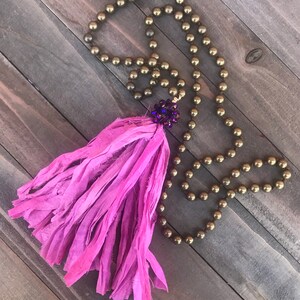 Hand Knotted Metal Bead Necklace with Handmade Sari Silk Tassel Boho Layering Style Necklace IN BLOOM Handmade by SplendorVendor image 1