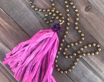 Hand Knotted Metal Bead Necklace with Handmade Sari Silk Tassel - Boho Layering Style Necklace - IN BLOOM Handmade by SplendorVendor