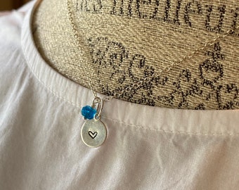 Dainty Heart Stamped Charm Necklace with Appetite Rondelle Gemstone Charm - Sterling Silver - SWEET REMINDER with Appetite by SplendorVendor