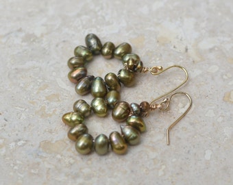 Pearl Earrings - Iridescent Olive Green Freshwater Pearl Earrings with Gold Filled EarWires - Halo by SplendorVendor