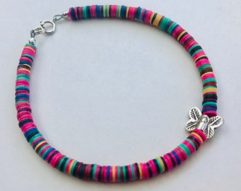 Rainbow and Butterfly Bracelet ~ Colorful Vinyl Disc Bracelet ~ Hill Tribe Fine Silver Butterfly ~ A COLOR STORY Handmade by SplendorVendor