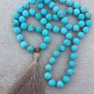 Turquoise Tassel Necklace Hand Knotted Long Bohemian Style Turquoise Magnesite Silk Tassel Boho Chic- CASCADE Handmade by SplendorVendor