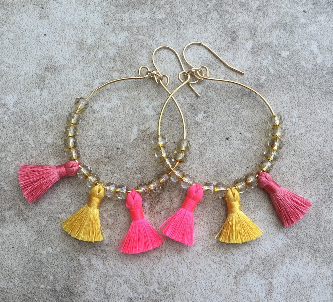 Tassel Hoop Earrings With Czech Glass - Tassel Boho Style Jewelry ...
