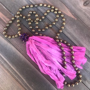 Hand Knotted Metal Bead Necklace with Handmade Sari Silk Tassel Boho Layering Style Necklace IN BLOOM Handmade by SplendorVendor image 2