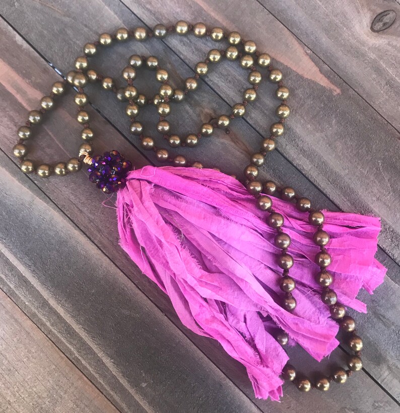 Hand Knotted Metal Bead Necklace with Handmade Sari Silk Tassel Boho Layering Style Necklace IN BLOOM Handmade by SplendorVendor image 2