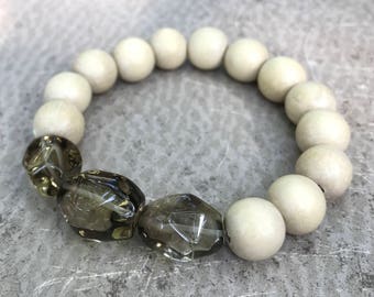 Pulseira de quartzo esfumaçado e contas de madeira - pulseira empilhável Boho estilo Boho - SMOKY QUARTZ TRIO feito à mão por SplendorVendor