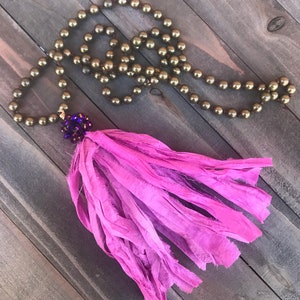Hand Knotted Metal Bead Necklace with Handmade Sari Silk Tassel Boho Layering Style Necklace IN BLOOM Handmade by SplendorVendor image 5