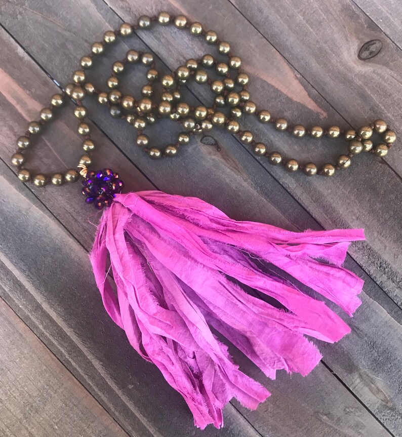 Hand Knotted Metal Bead Necklace with Handmade Sari Silk Tassel Boho Layering Style Necklace IN BLOOM Handmade by SplendorVendor image 5