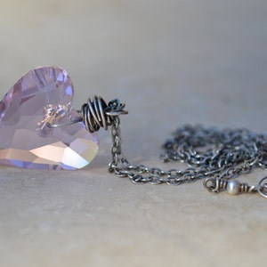 Pink Valentine Heart Necklace - Swarovski Crystal Wild Heart Pendant - Oxidized Sterling Silver - Large 27mm pendant - Sweet On You