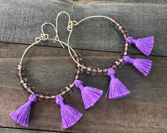 Tassel Hoop Earrings with Czech Glass - Boho Style Tassel Earrings - Gold Filled - PRANCER Handmade by SplendorVendor