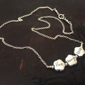Live Laugh Love Necklace, Sterling Silver Flower Charm, Inspirational Quote, Gift For Her, Handmade by SplendorVendor