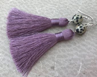 Mulberry Tassel Earrings with Dalmatian Jasper - Tassel Boho Style Jewelry - TASSEL ME THIS in Mulberry ~ Handmade by SplendorVendor