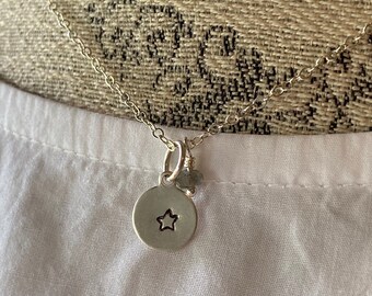 Dainty Star Stamped Charm Necklace with Labradorite Gemstone Charm - Sterling Silver - SWEET REMINDER with Labradorite by SplendorVendor