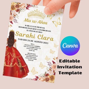 Red Floral Quinceanera Einladung Vorlage: Bearbeitbarer Canva Print (5x7)