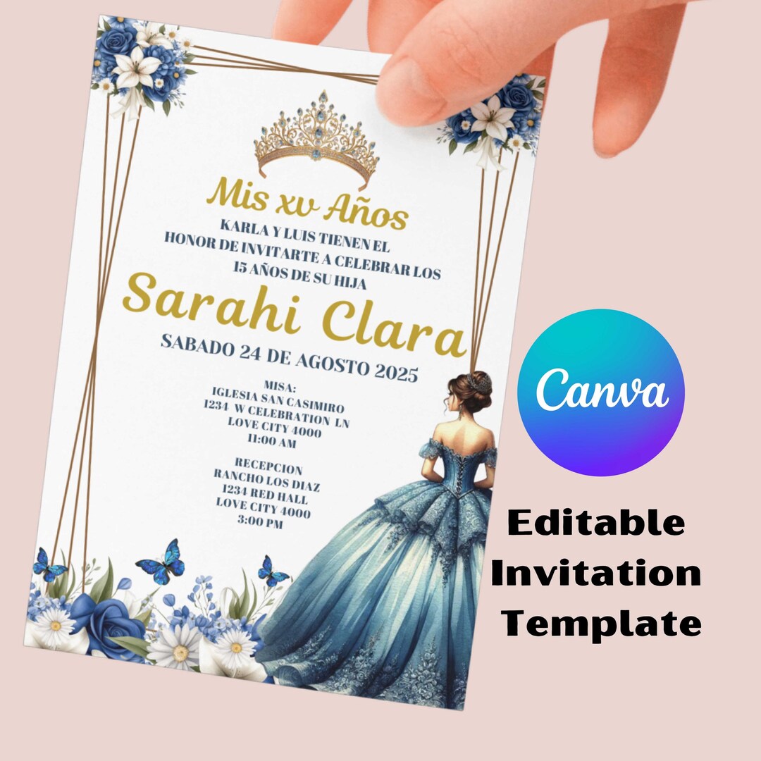 Royal Blue Quinceanera Invitation, Mis Quince, Canva Editable