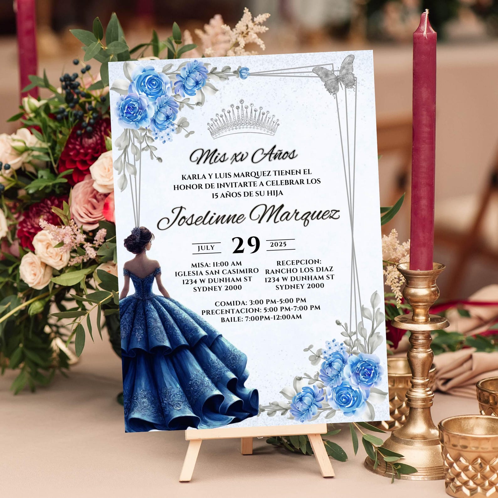 Royal Blue Quinceanera Invitation Template, Floral Editable Quinceañera