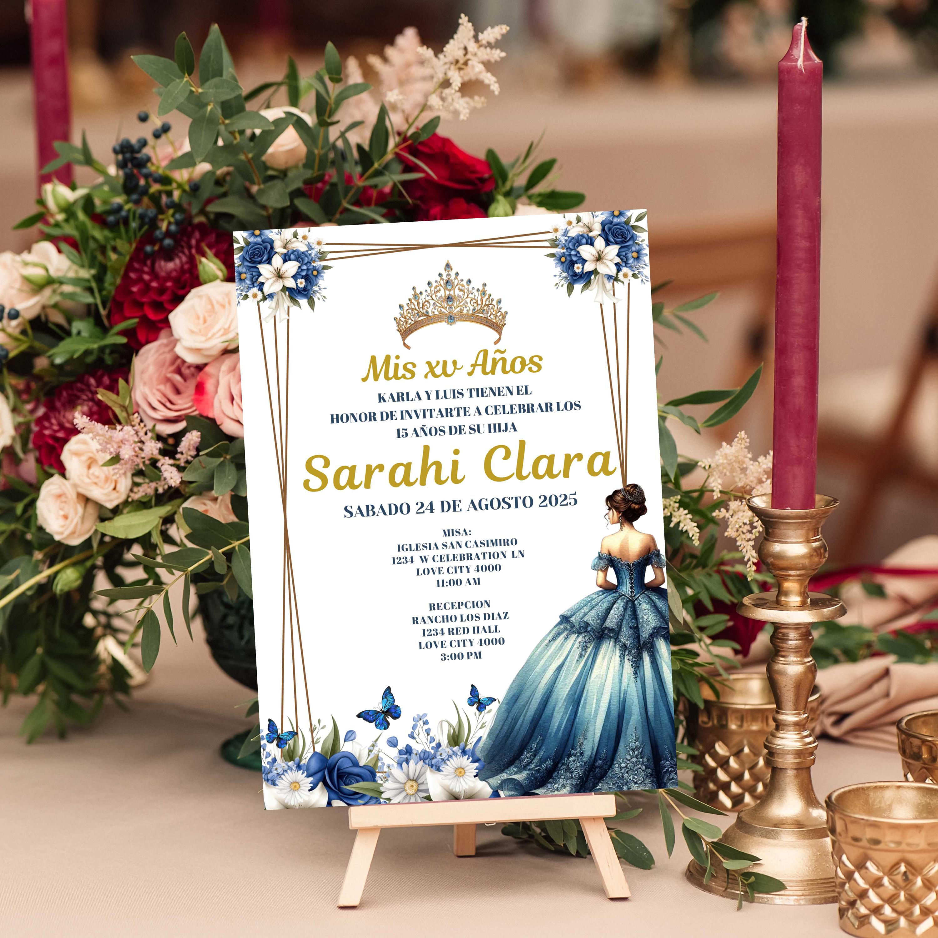 Royal Blue Quinceanera Invitation, Mis Quince, Canva Editable