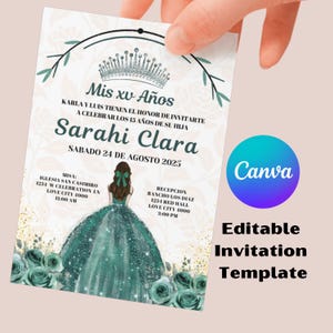 Invito per la Quinceañera verde smeraldo, Mis Quince, modello di invito modificabile Canva, Quinceañera messicana, invito floreale verde.