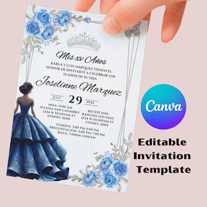 Royal Blue Quinceanera Invitation Template, Floral Editable Quinceañera Template, Quince Años, Mis 15 Años, Digital Canva Print Template.